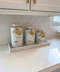 Inspire Me! Home Decor White Ceramic Jar With Gold Floral Design (3 Sizes)