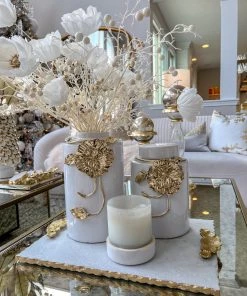 Inspire Me! Home Decor White Ceramic Jar With Gold Floral Design (3 Sizes)