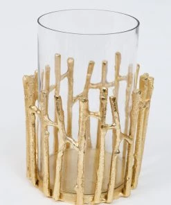 Inspire Me! Home Decor Glass Hurricane/Faux Floral Vase With Gold Twig Design (3 Sizes)