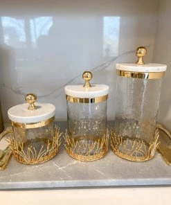 Inspire Me! Home Decor Glass Canister With Gold Branch Design And Marble And Gold Lid (3 Sizes)