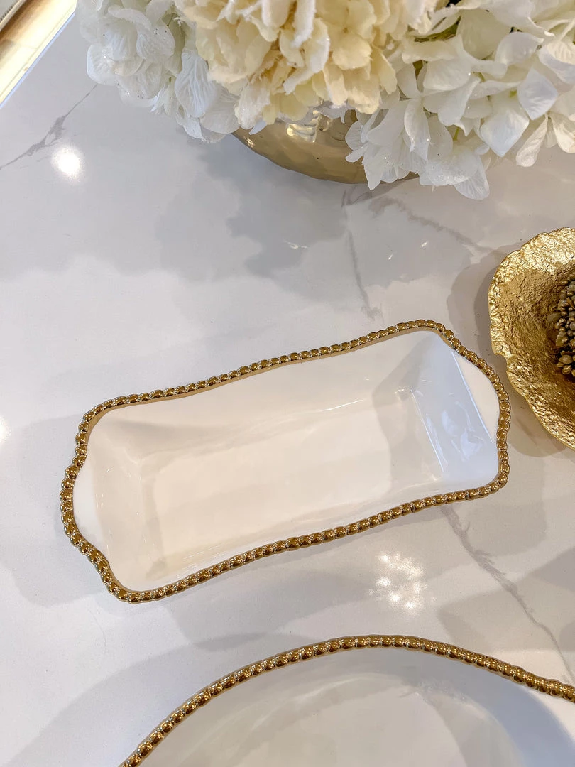 Inspire Me! Home Decor Gold And White Beaded Loaf Baking Dish