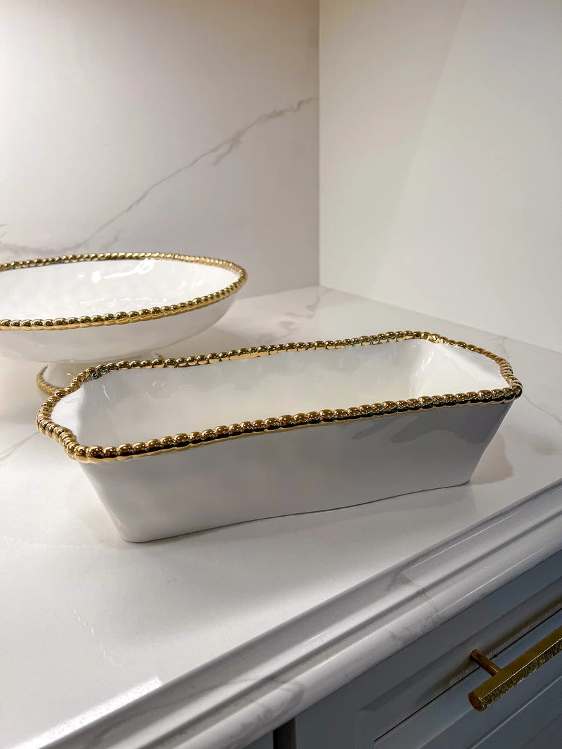 Inspire Me! Home Decor Gold And White Beaded Loaf Baking Dish