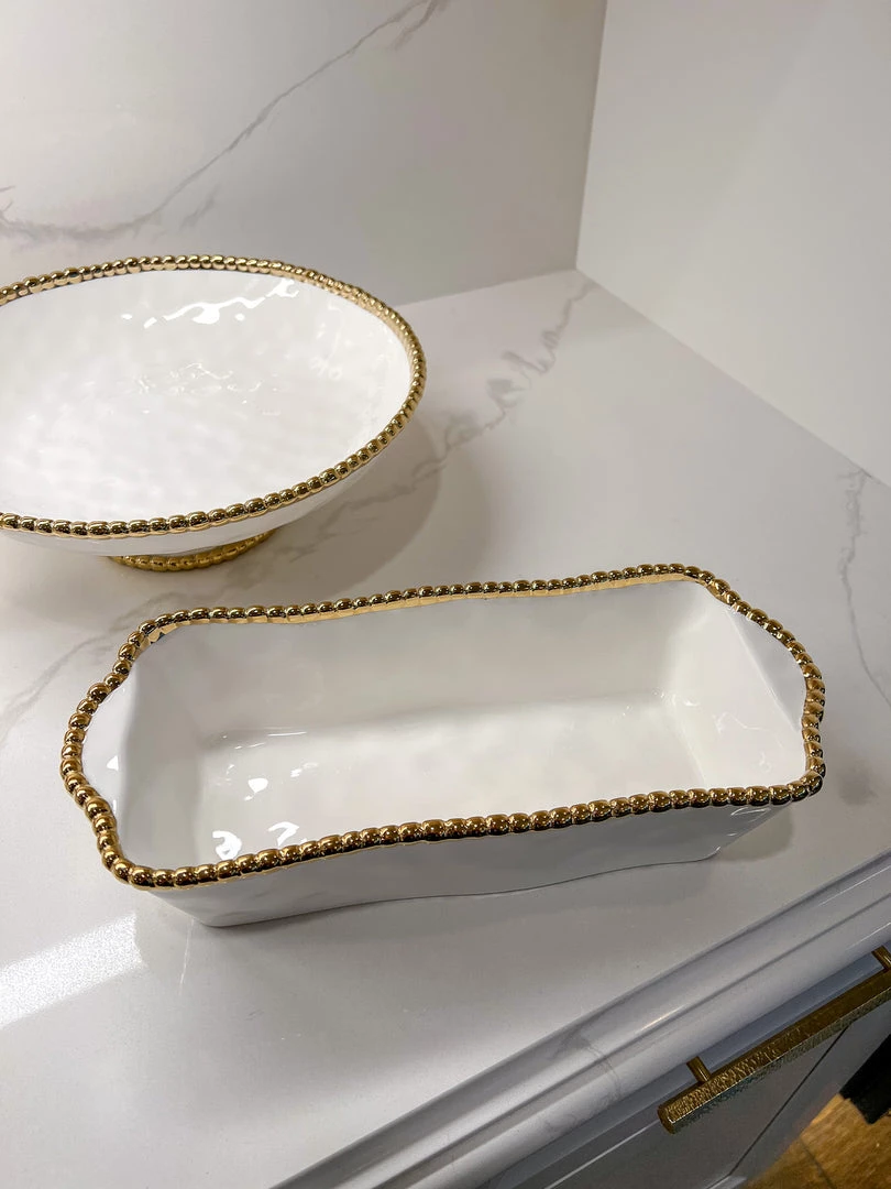 Inspire Me! Home Decor Gold And White Beaded Loaf Baking Dish