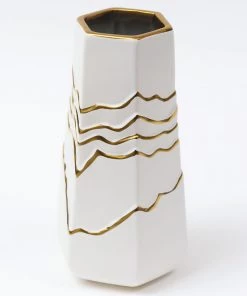 Inspire Me! Home Decor White And Gold Ceramic Striped Vase
