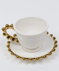 Inspire Me! Home Decor White And Gold Beaded Espresso Cup And Saucer
