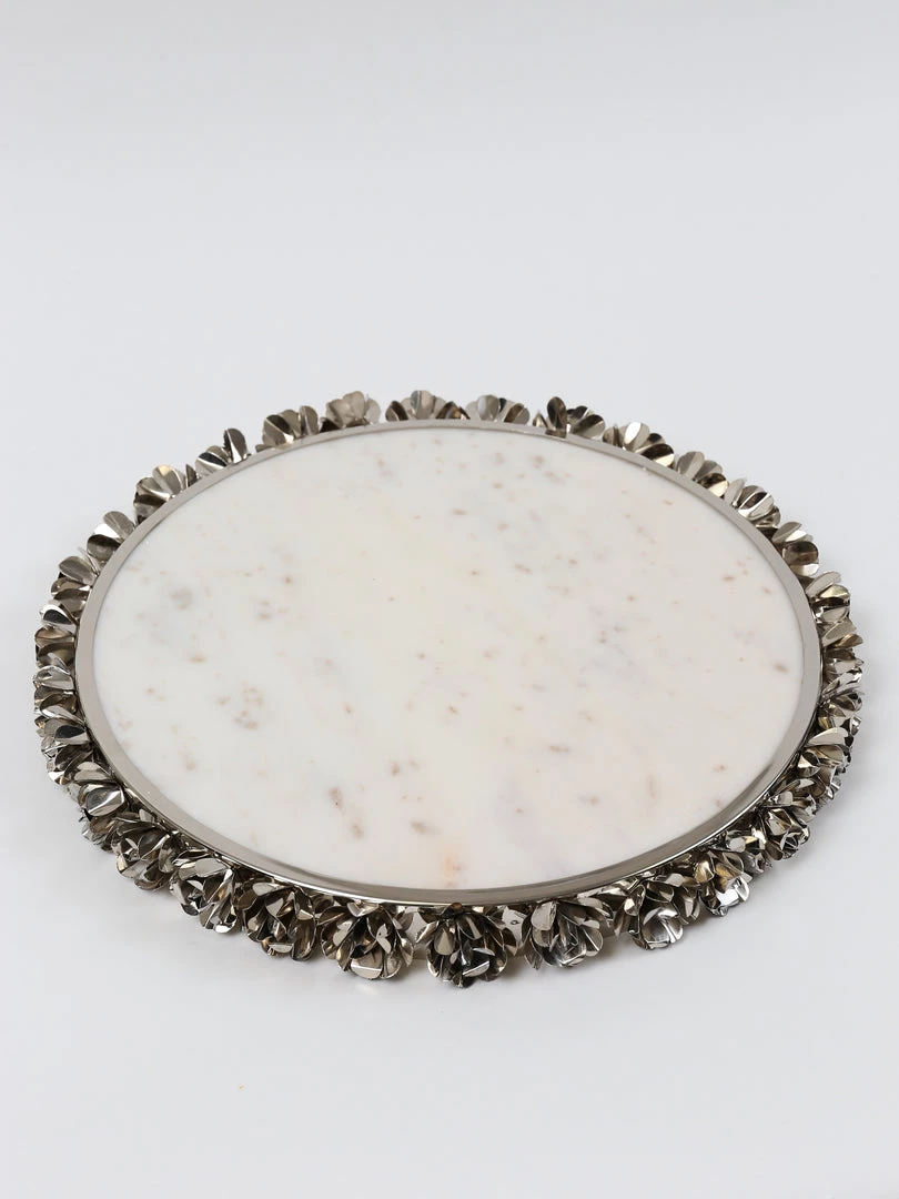Inspire Me! Home Decor Round Marble Tray With Silver Floral Edge