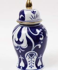 Inspire Me! Home Decor Blue And White Ceramic Ginger Jar With Gold Details
