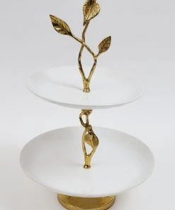 Inspire Me! Home Decor White Double Tier Tray With Gold Leaf Details And Base