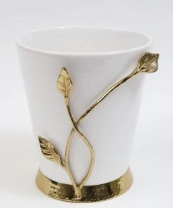 Inspire Me! Home Decor White Ceramic Utensil Holder With Gold Leaf Details & Base