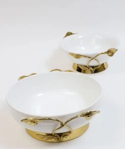 Inspire Me! Home Decor White Ceramic Bowl With Gold Leaf Details And Base (2 Sizes)