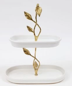Inspire Me! Home Decor White Ceramic Two Tier Cake Stand With Gold Leaf Details