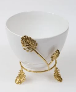 Inspire Me! Home Decor White Ceramic Bowl With Gold Leaf Details (2 Sizes)