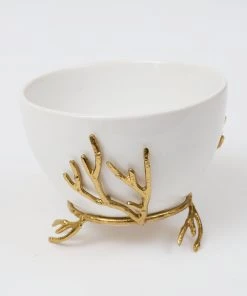 Inspire Me! Home Decor White Ceramic Bowl With Gold Textured Details (2 Sizes)