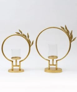 Inspire Me! Home Decor Golden Circle Leaf Design Hurricane Candle Holder (2 Sizes) " From Pops Of Color Home Collection"