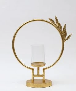 Inspire Me! Home Decor Golden Circle Leaf Design Hurricane Candle Holder (2 Sizes)
