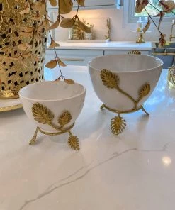 Inspire Me! Home Decor White Ceramic Bowl With Gold Leaf Details (2 Sizes)