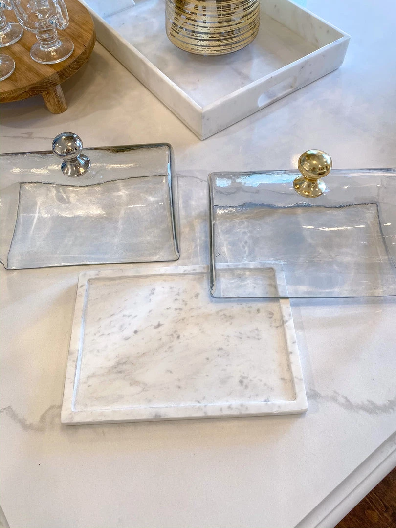 Inspire Me! Home Decor Marble Cake Platter With Metallic Handled Glass Dome (2 Colored Handles)