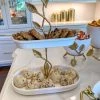 Inspire Me! Home Decor White Ceramic Two Tier Cake Stand With Gold Leaf Details
