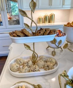 Inspire Me! Home Decor White Ceramic Two Tier Cake Stand With Gold Leaf Details