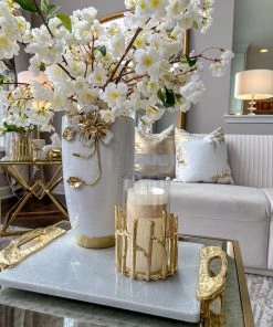 Inspire Me! Home Decor Glass Hurricane/Faux Floral Vase With Gold Twig Design (3 Sizes)