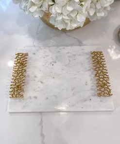 Inspire Me! Home Decor Marble Tray With Gold Metal Abstract Handles