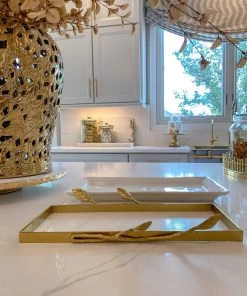 Inspire Me! Home Decor White Ceramic Tray With Gold Base And Leaf Detail