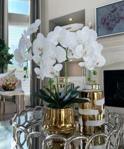 Inspire Me! Home Decor White Faux Orchid In Shiny Gold Pot "From Pops Of Color Home Collection" Floral Stems