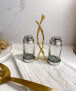 Inspire Me! Home Decor Glass Salt & Pepper Shakers W/ Gold Metal Branch Holder