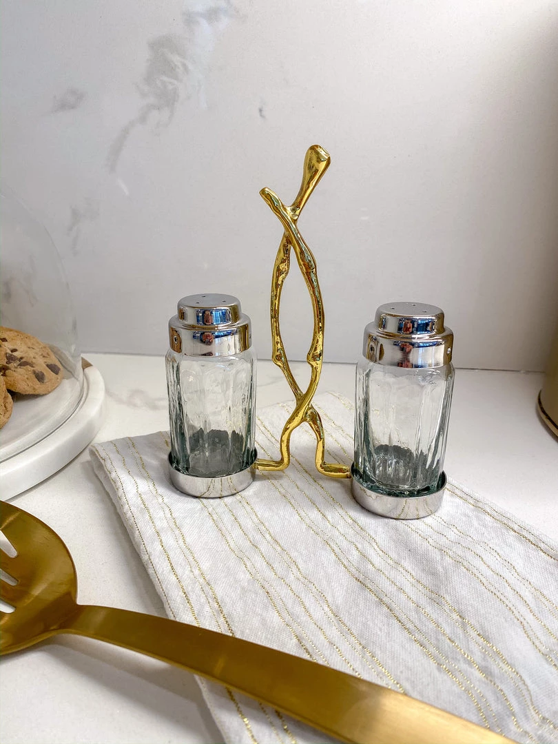 Inspire Me! Home Decor Glass Salt & Pepper Shakers W/ Gold Metal Branch Holder