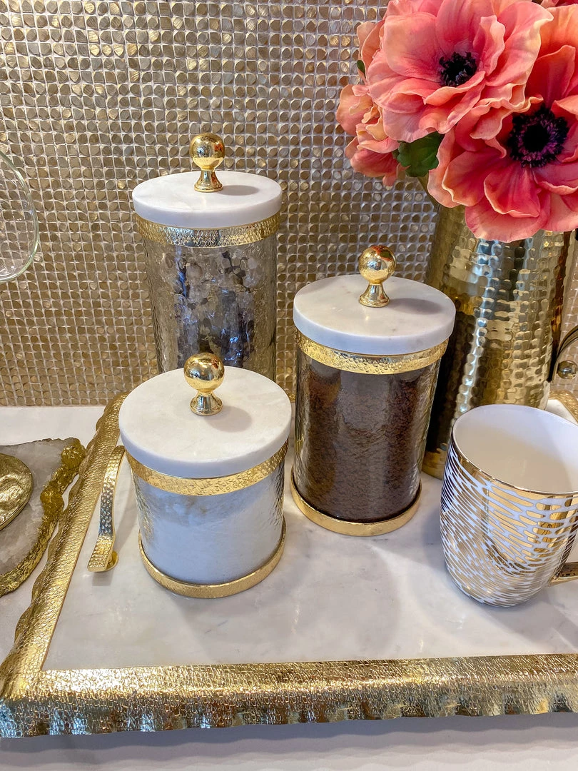 Inspire Me! Home Decor Gold Textured Rim Canisters W/ Marble Lid (3 Sizes)