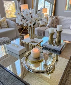 Inspire Me! Home Decor Large Round Decorative Mirror Tray With Gold Petal Handle Details