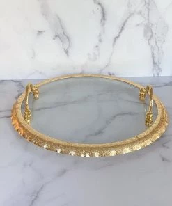 Inspire Me! Home Decor Large Round Glass Tray With Gold Handles And Ruffled Edge