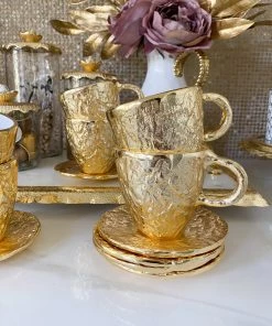 Inspire Me! Home Decor Gold Textured Metal Tea Cup And Saucer With White Interior