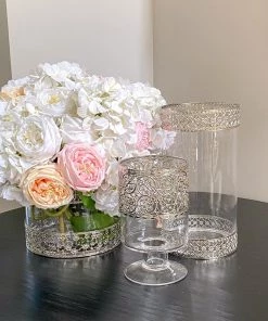 Inspire Me! Home Decor Tall Glass Vase W/ Ornate Silver Metal Rims