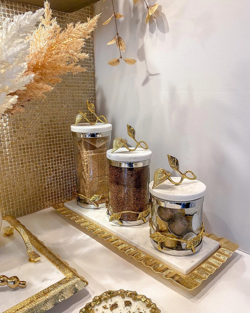 Inspire Me! Home Decor Marble And Gold Metal Leaf Branch Canisters- With Metal Rim (3 Sizes)