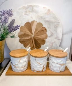 Inspire Me! Home Decor (Set Of 3) Metallic Gold Marble Print Spice Jars With Spoons And Wooden Lid With Tray