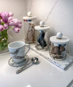 Inspire Me! Home Decor Gold Or Silver Metal Leaf Branch W/ Marble Ball Lid Canisters- With Metal Rim (3 Sizes & 2 Colors)