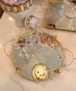 Inspire Me! Home Decor Round Mirrored Tray With Gold Flower Design