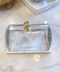 Inspire Me! Home Decor Marble Cake Platter With Metallic Handled Glass Dome (2 Colored Handles)