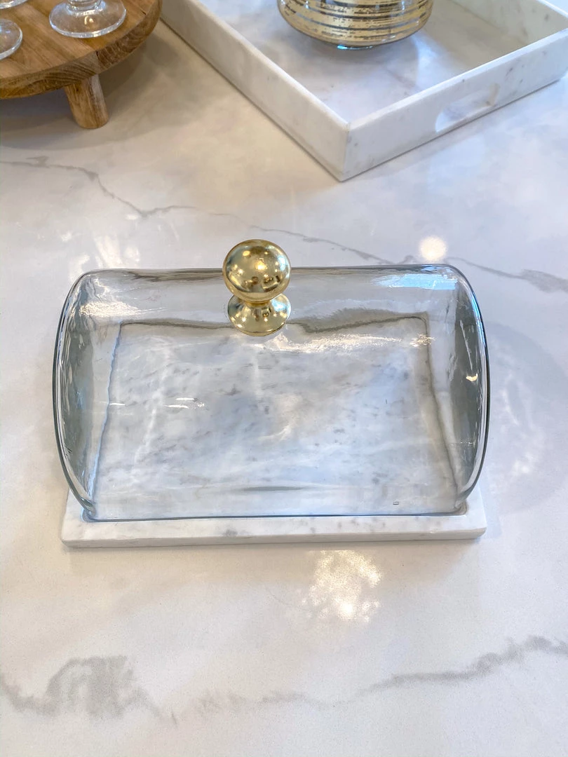 Inspire Me! Home Decor Marble Cake Platter With Metallic Handled Glass Dome (2 Colored Handles)