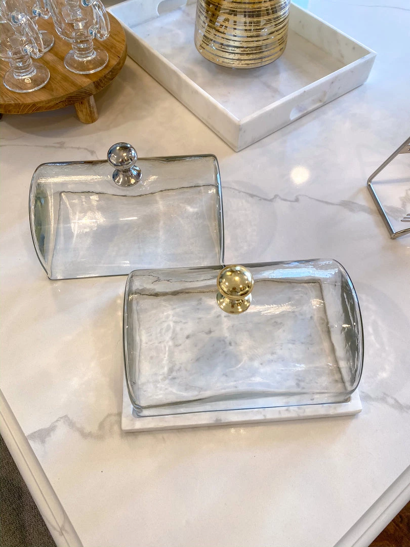 Inspire Me! Home Decor Marble Cake Platter With Metallic Handled Glass Dome (2 Colored Handles)