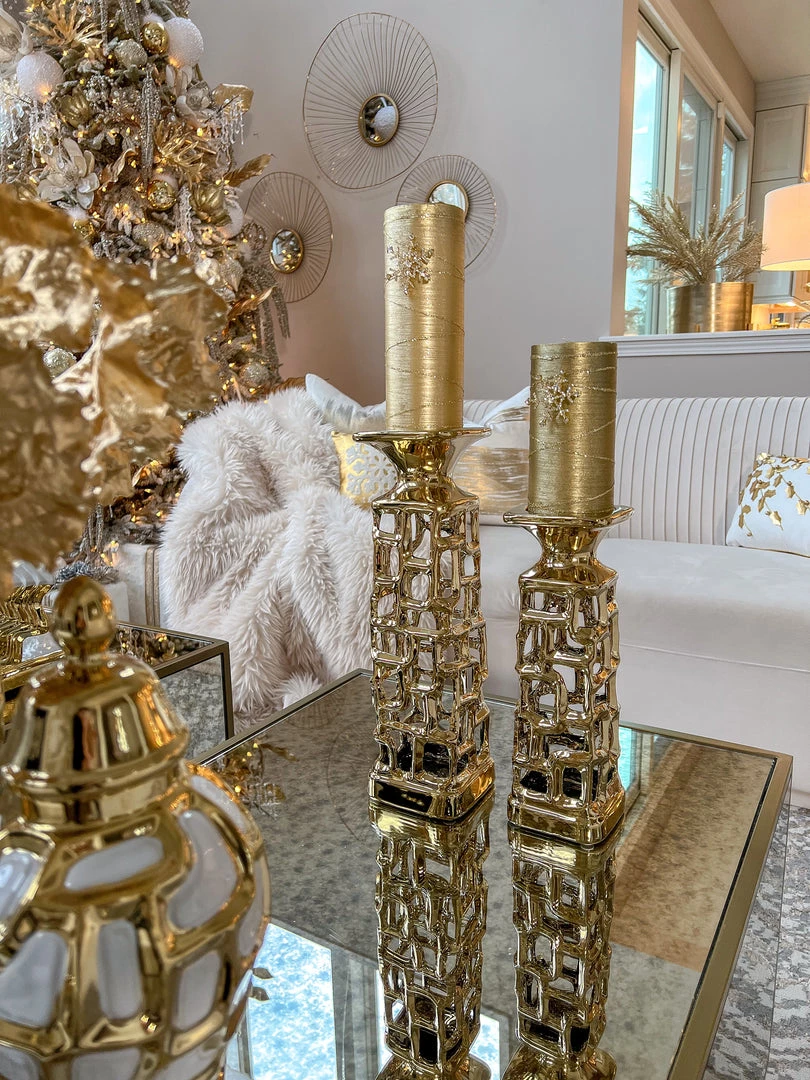 Inspire Me! Home Decor Gold Candle Holder With Dimensional Cut Out Design (2 Sizes)
