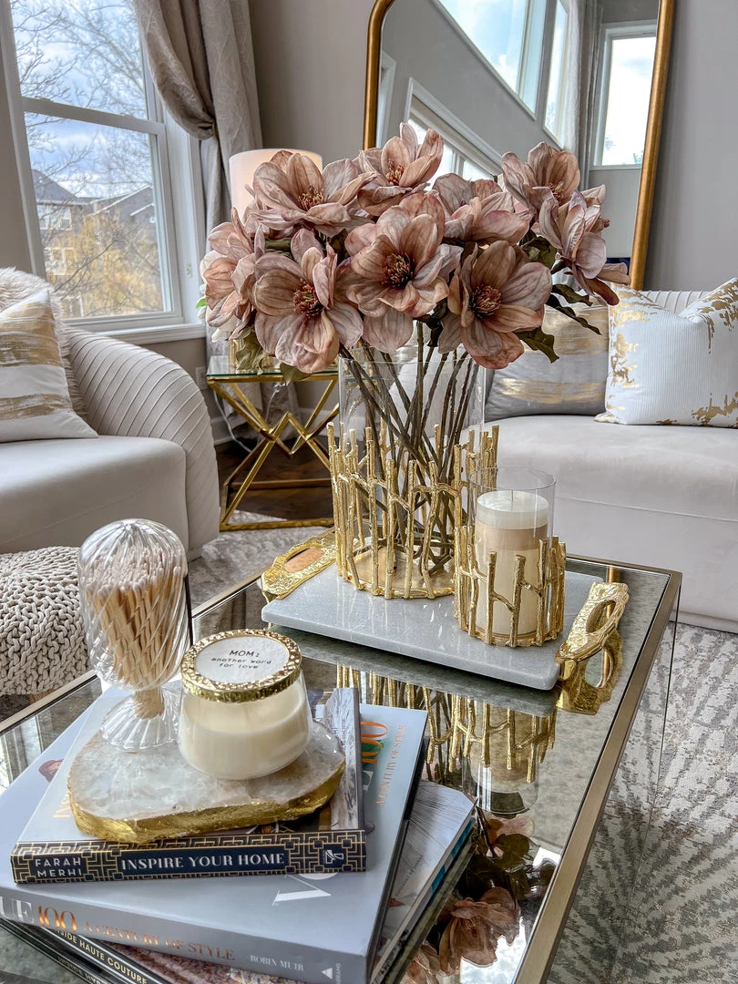 Inspire Me! Home Decor Glass Hurricane/Faux Floral Vase With Gold Twig Design (3 Sizes)