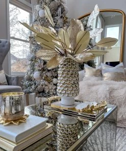 Inspire Me! Home Decor White Ceramic Vase With Gold & White Petal Design