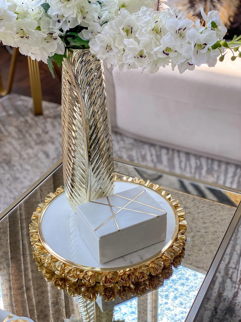 Inspire Me! Home Decor Round Marble Tray With Gold Floral Edge