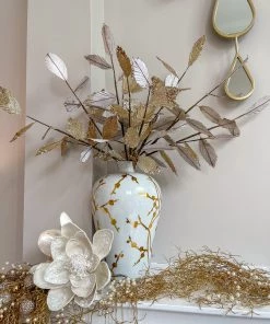 Inspire Me! Home Decor Floral Stems Gold And White Leaf Stem With Bead Detail
