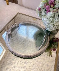 Inspire Me! Home Decor Large Round Glass Tray With Silver Handles And Ruffled Edge