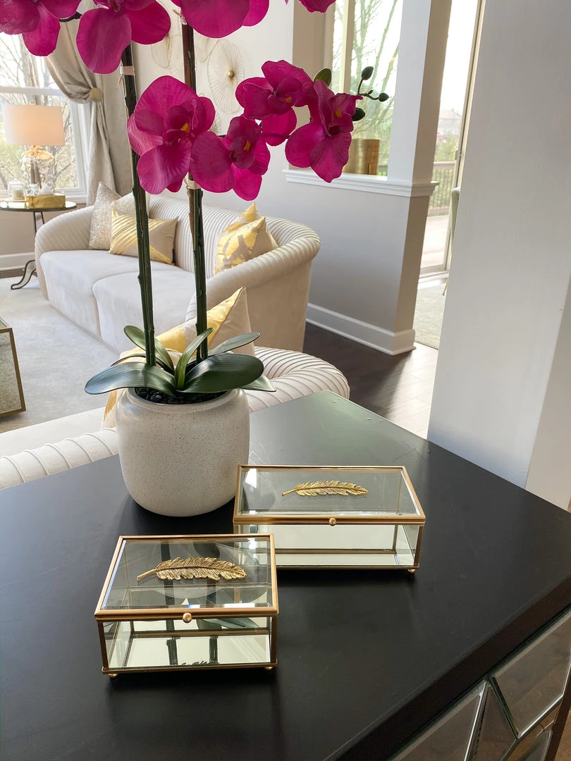 Inspire Me! Home Decor Rectangle Glass & Mirror Box With Gold Feather Detail (2 Sizes)