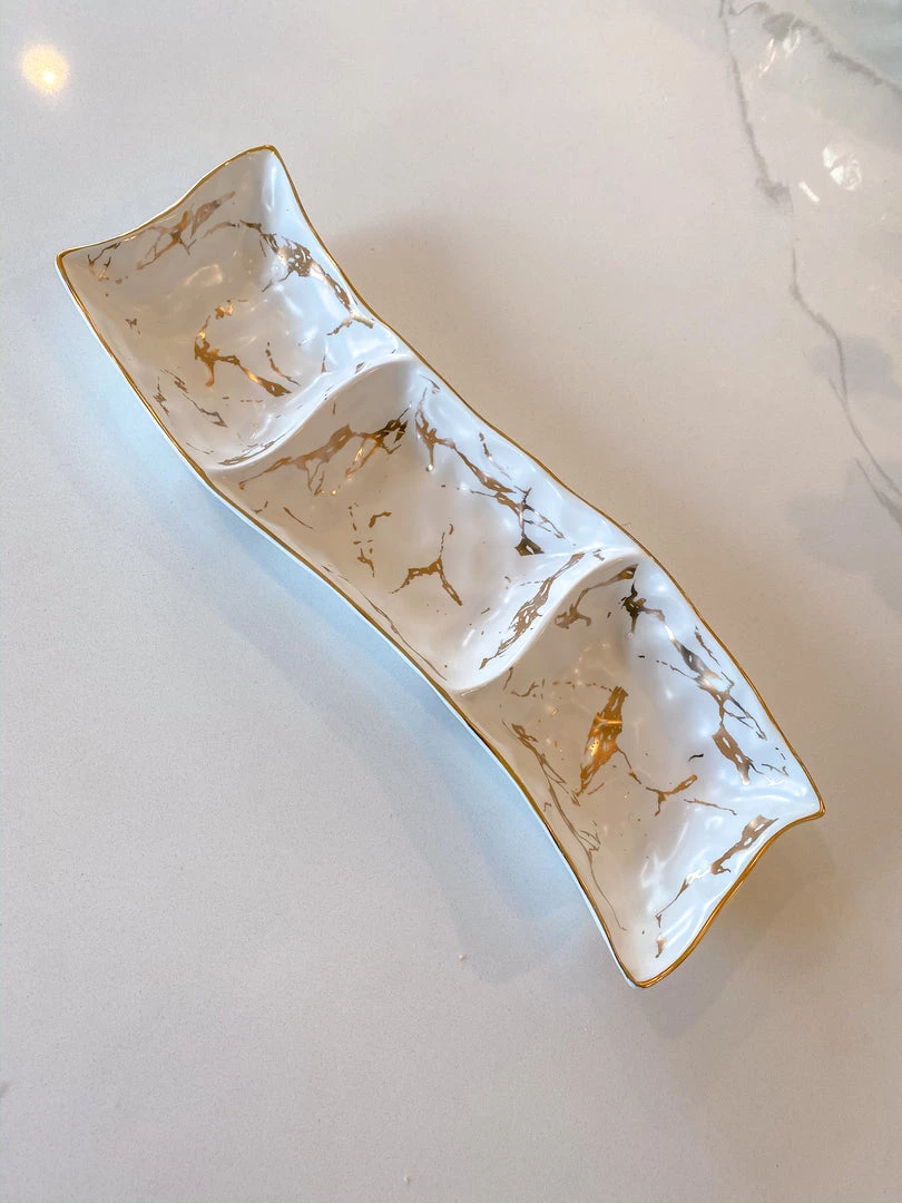 Inspire Me! Home Decor 3 Section Metallic Gold Marble Print Dish