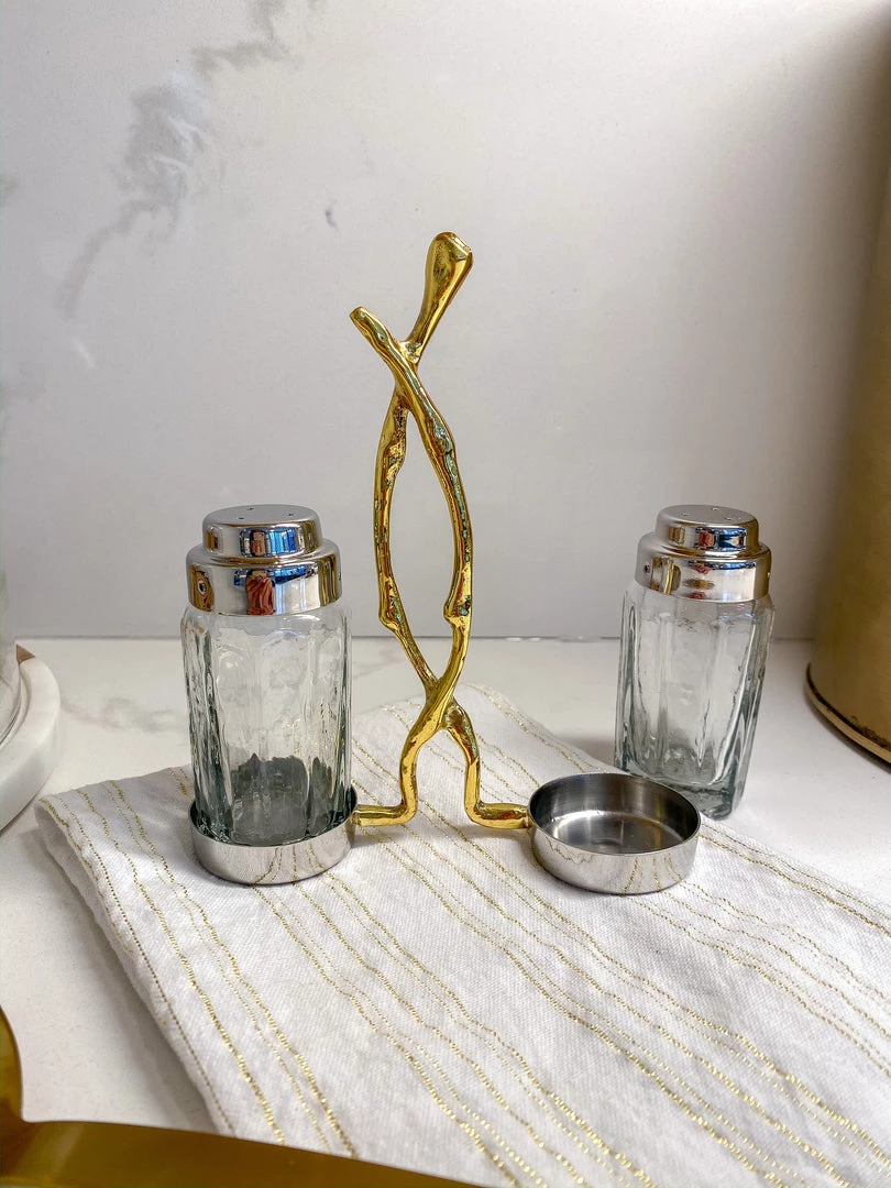 Inspire Me! Home Decor Glass Salt & Pepper Shakers W/ Gold Metal Branch Holder